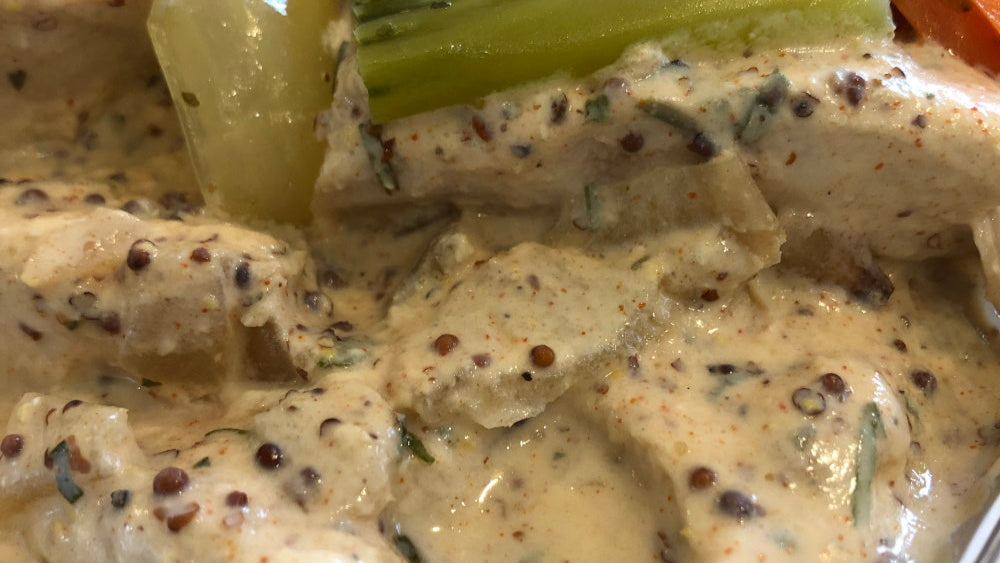 Chicken with two mustard yogurt sauce and just vegetables